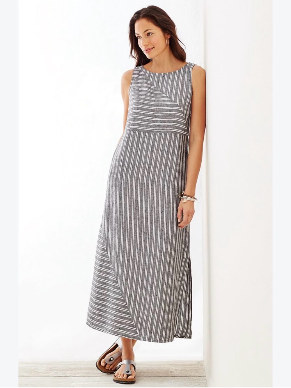 J. Jill Love Linen Blue Green White Stripe Sleeveless Maxi Dress Slit Size XL